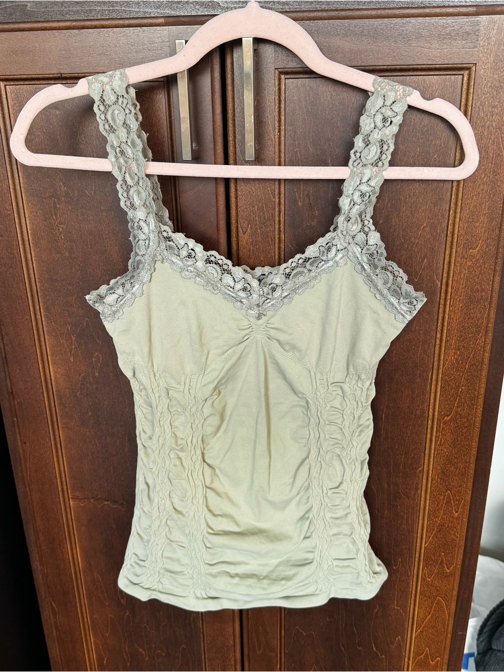 M Rena Womens One Size Lace Trim Seamless Tank Top Sage Green Ruched Camisole